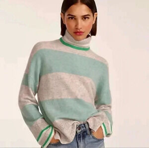 J. Crew Gray and Green Striped Turtleneck Sweater